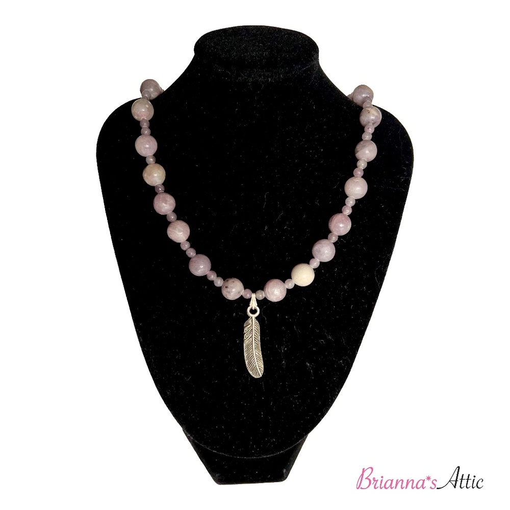 Vintage Purple Beaded Necklace for Women with Brass Feather Charm Jewelry 18"